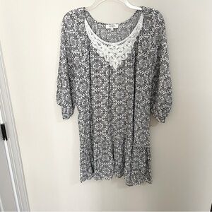 UMGEE Blue Natural Print Baby Doll Dress w/ Crocheted Bodice Trim Women’s Size L